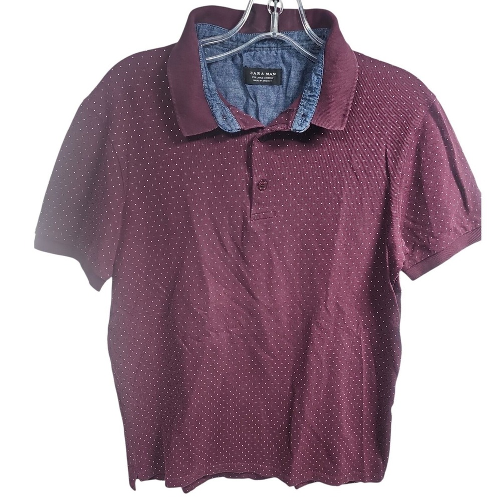 Zara Man Polka Dot Polo Shirt Denim Trim Casual Modern Burgundy Large‎